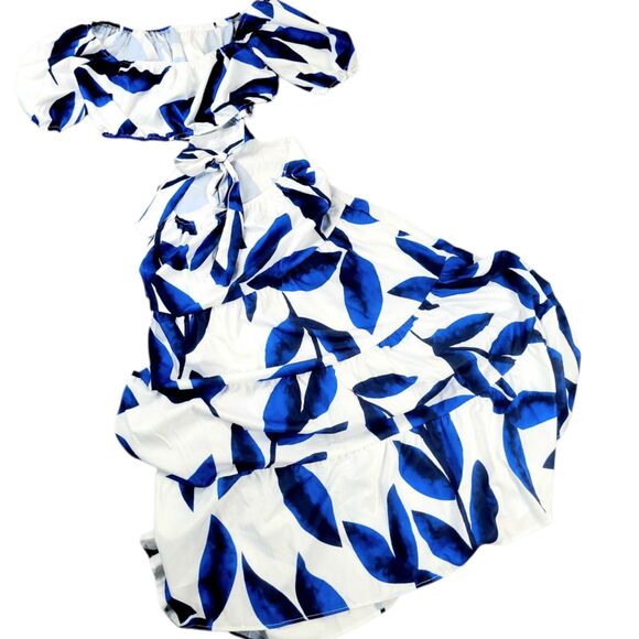 NWT  L Off-Shoulder Blue Floral Wrap Maxi Dress Women's High Waist Summer D… - Picture 10 of 12